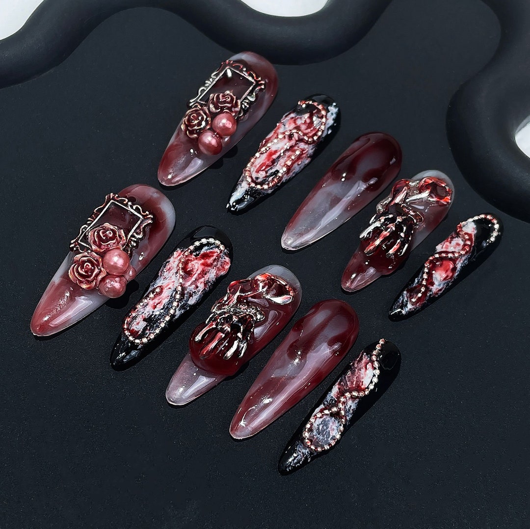 Blood Red and Black Press on Nails Long Almond/3d Chrome Nails/witchy ...
