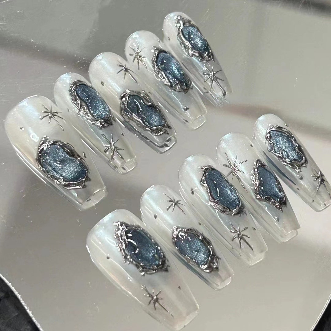 White Press on Nails Long/3d Chrome Nails/cat Eye Press on Nails/coffin ...