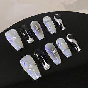 Y2K Silver and Black Press on Nails Long Coffin Nails/3d Silver Chrome ...