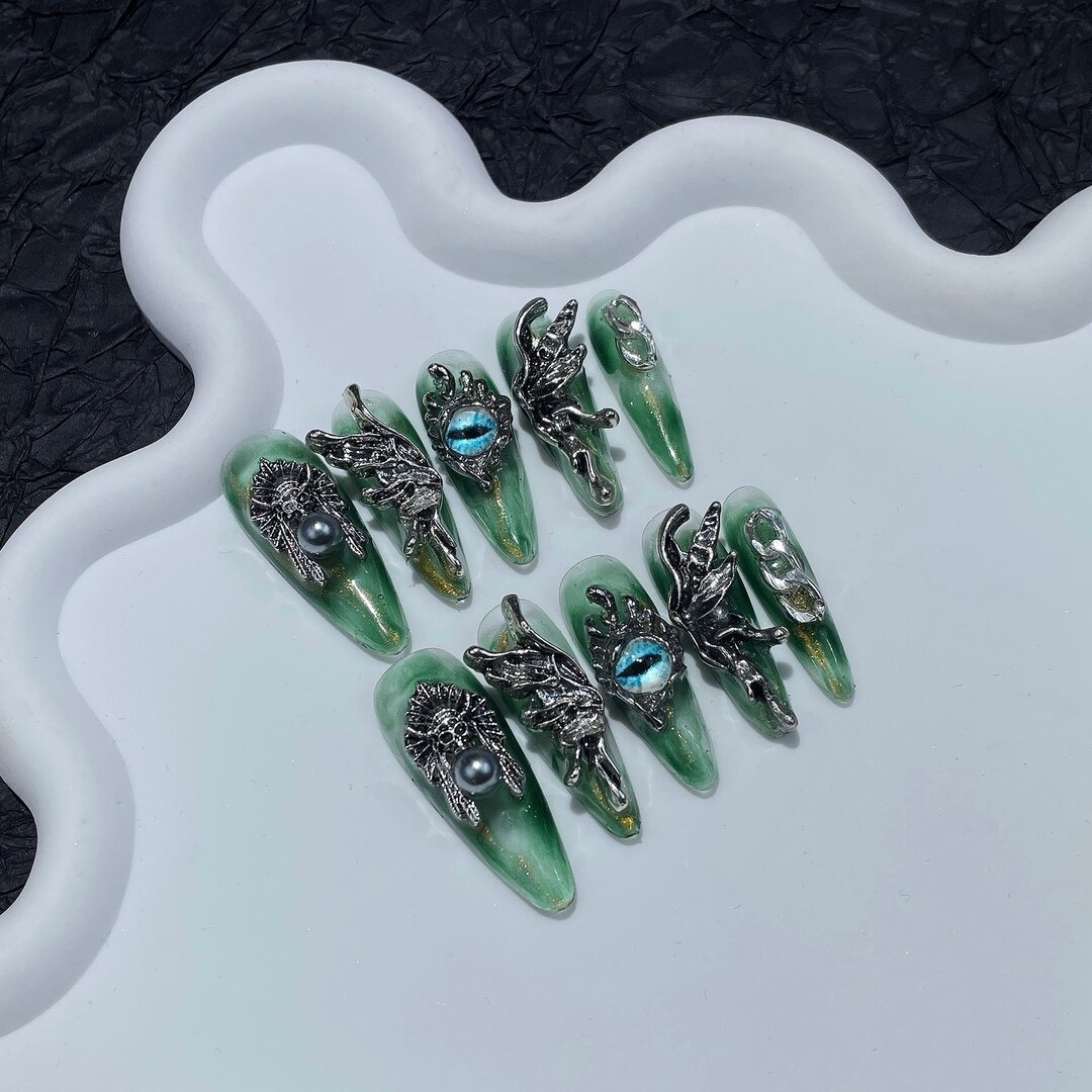 Luxury Gothic Devil Eye Lack Green Press on Nails/3d Chrome Metallic ...