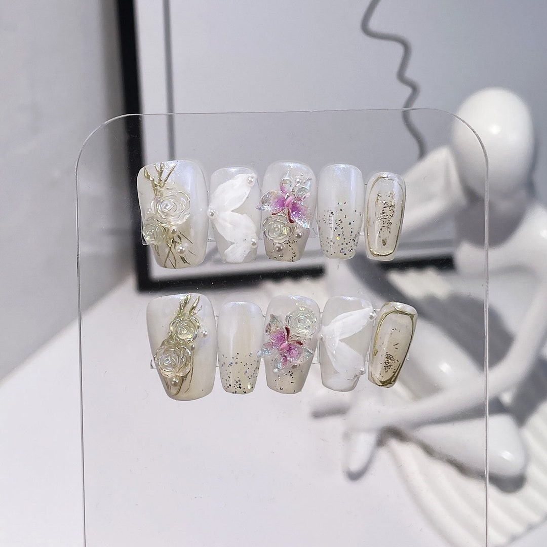 White Glitter Rhinestone Press on Nails/white Floral Pastel Press on Nails/3d Butterfly&camellia