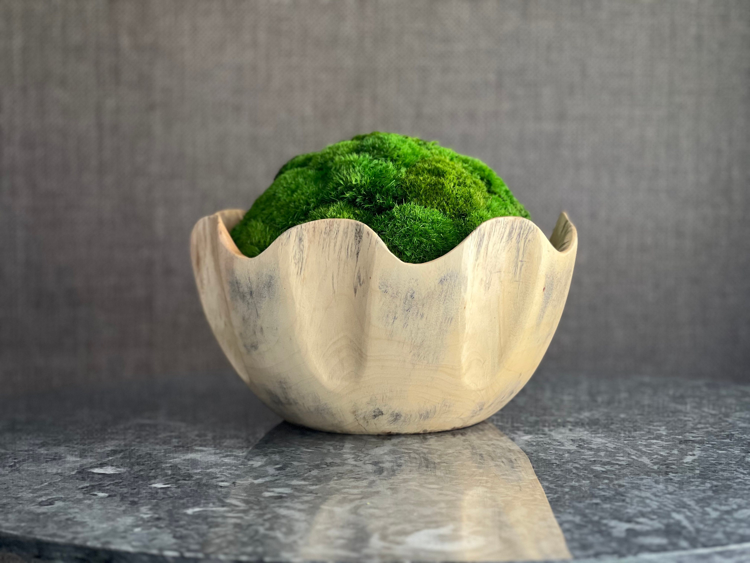 LARGE HAND CARVED, Tamarind Wood Moss Bowl, Preserved Moss