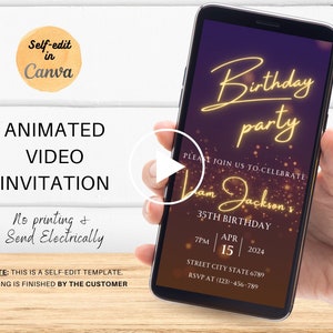 Video Orange Glitter Birthday Party Invitation, Animated Birthday Invitation, Smartphone Invitation, Surprise Party Animated Invitation