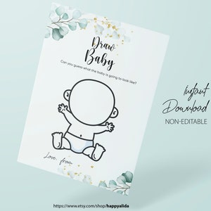 Printable Baby Shower Draw The Baby Game, Printable Baby Shower Games, Soft Eucalyptus Gender Neutral Game, Baby Shower Games Template