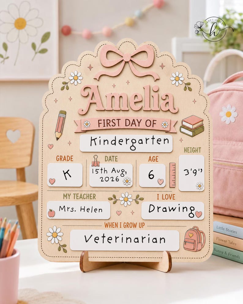 May include: A light-colored wooden sign for the first day of school featuring the name Amelia, a pink bow, and daisy illustrations. It includes fields for grade, date, age, height, teacher, interests, and future career, with text reading 15th Aug, 2026.