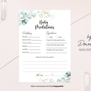 Afdrukbare babyvoorspellingen downloaden, groenvoorspellingen en advieskaarten, zachte eucalyptus babyvoorspellingskaartensjabloon