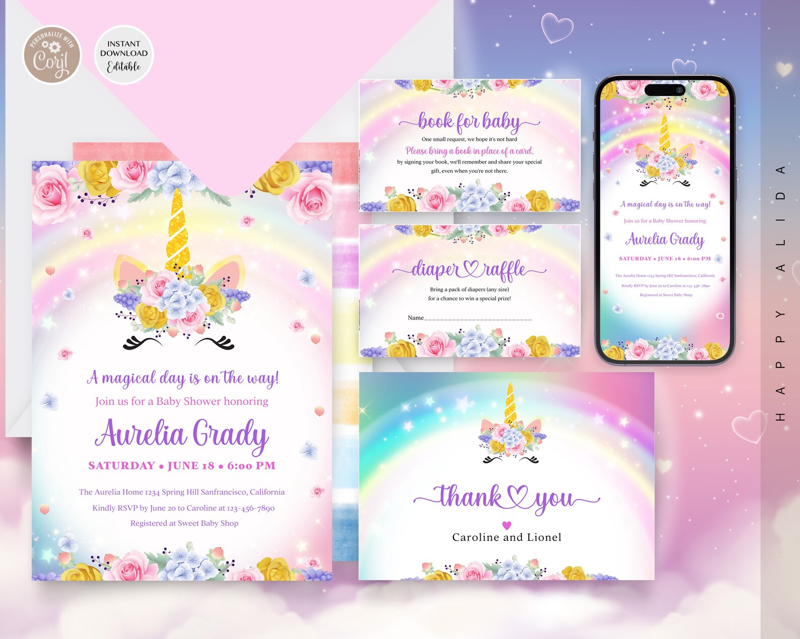 Editable Unicorn Baby Shower Rainbow Invitation Set Rainbow Etsy