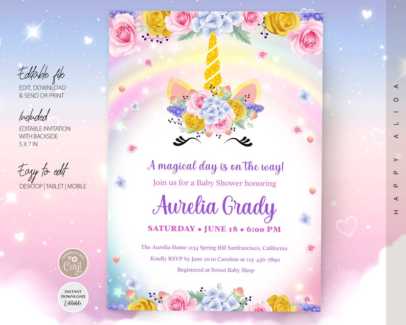 Editable Unicorn Baby Shower Rainbow Invitation Set Rainbow Etsy