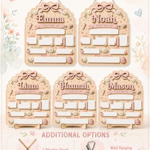 May include: Five arched wooden signs for tracking school milestones, each featuring a name, a bow, and daisy accents. The signs include blank fields for grade, date, age, height, teacher, interests, and future goals, with options for a stand or hanging.