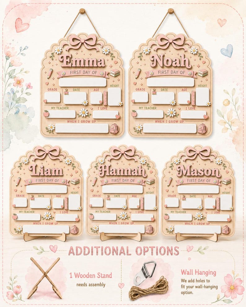 May include: Five arched wooden signs for tracking school milestones, each featuring a name, a bow, and daisy accents. The signs include blank fields for grade, date, age, height, teacher, interests, and future goals, with options for a stand or hanging.