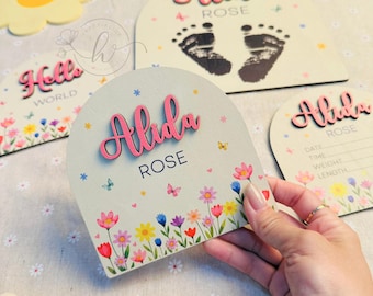 Może przedstawiać: Drewniane tabliczki z ogłoszeniem narodzin dziecka z kwiatowymi wzorami. Znaki zawierają imię "Alida Rose" w różowych literach, wraz z kolorowymi kwiatami, motylami i gwiazdami. Jeden znak ma odciski stóp, a drugi mówi "Hello World."