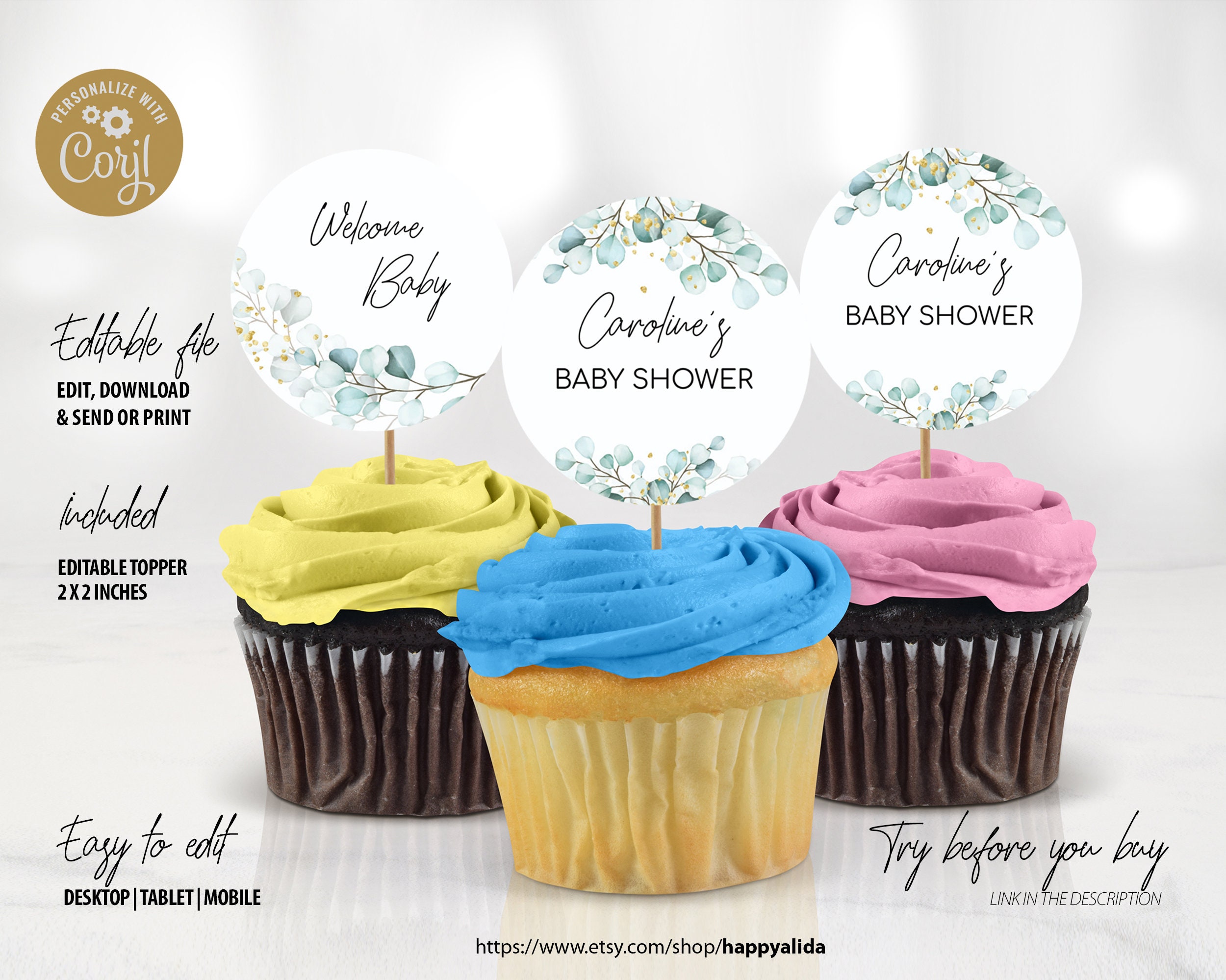 Editable Soft Eucalyptus Cupcake Toppers Baby Shower Cupcake Etsy Canada
