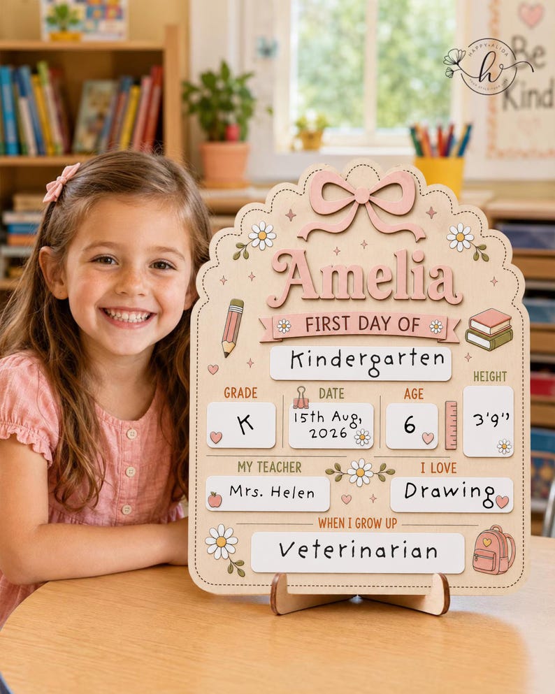 May include: A wooden first day of school sign featuring a scalloped edge, a pink bow, and floral accents. The sign displays the name Amelia, grade K, date 15th Aug, 2026, age 6, height 3'9", teacher Mrs. Helen, interest in drawing, and career as a veterinarian.