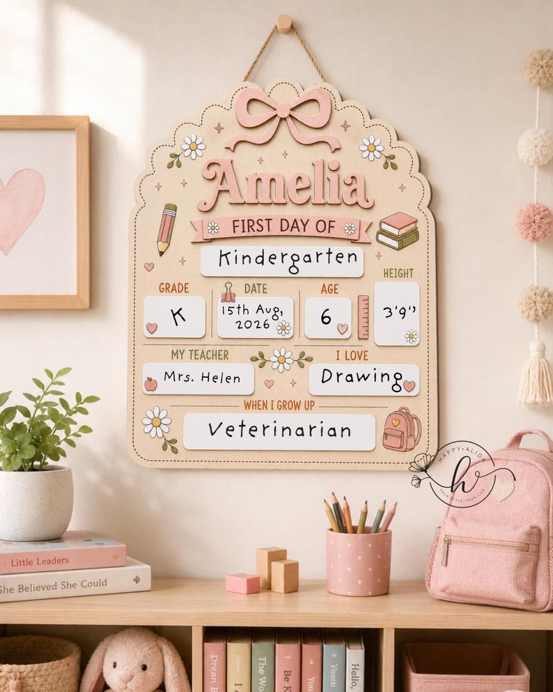 May include: A light-colored wooden wall sign with a scalloped top and a pink bow, featuring the name Amelia and the text First Day of Kindergarten. It includes sections for grade, date, age, height of 3'9", teacher, interests, and future career.
