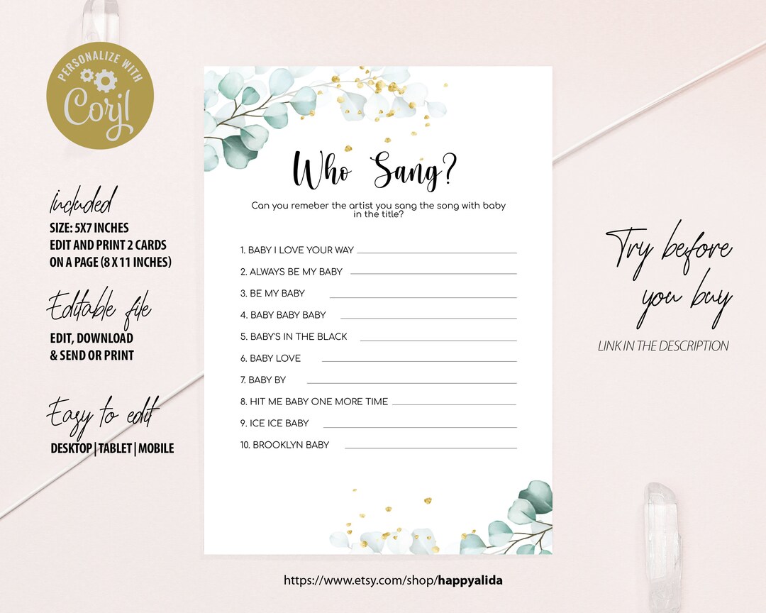 Editable Who Sang Baby Shower Game With Answer Key Guess Who Etsy