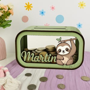 Personalized Sloth Piggy Bank, Sloth Coin Bank, Handmade Wooden Money Box, Custom Engraved Coin Box for Kids, Tropical Piggy Bank