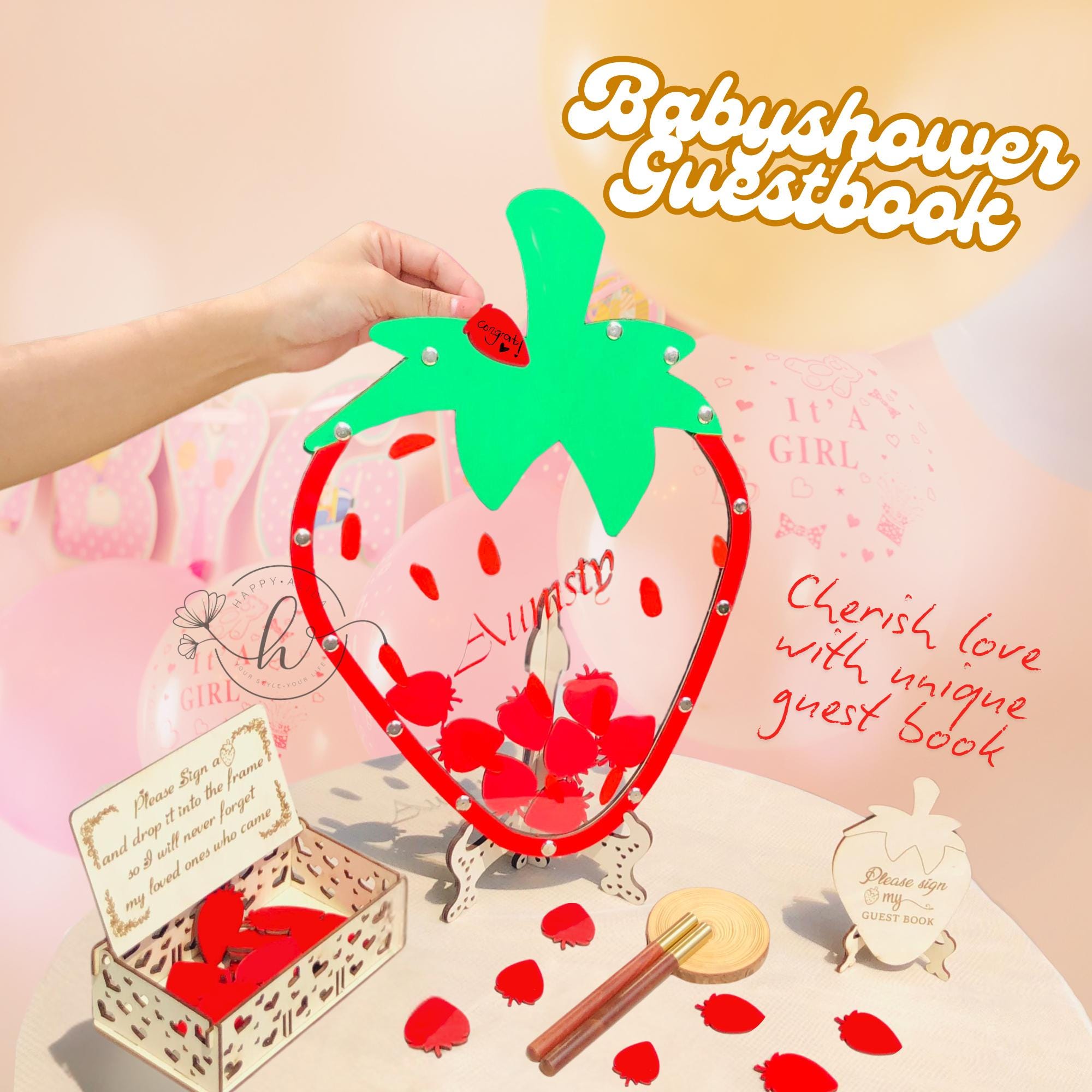 Whaline Erdbeer-Gästebuch Set – Mit Holzrahmen, 60 Holzscheiben & Stehkarte, Für Babyparty & Geburtstage