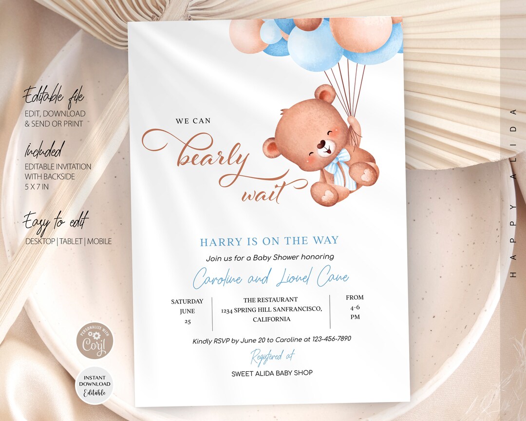 Editable We Can Bearly Wait Baby Shower Invitation, Teddy Bear Baby ...