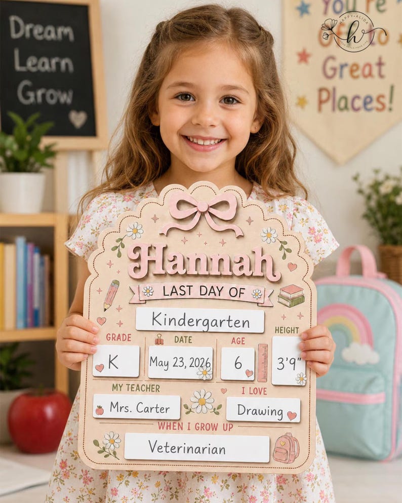 May include: A light-colored wooden sign with a scalloped top and a pink bow, featuring the name Hannah and the text Last Day Of. It includes fillable sections for Grade K, Date May 23, 2026, Age 6, Height 3'9", Teacher Mrs. Carter, I Love Drawing, and Veterinarian.