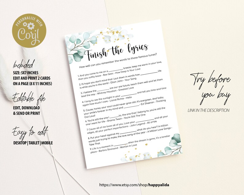 Editable Finish the Lyric Game With Answer Key Song Game for - Etsy