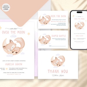 Modifiable Nous sommes sur l’ensemble d’invitation à la baby shower de lune, modèle d’invitation Fox Over The Moon, invitation à la baby shower Twinkle Little Star, WE34