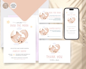 Editable We are over the Moon Baby Shower Invitation Set, Fox Over The Moon Invite Template, Twinkle Little Star baby shower invite, WE34