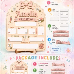 May include: A customizable wooden school milestone board featuring a bow at the top, floral accents, and blank fields for grade, date, age, height, teacher, interests, and future goals. Includes white acrylic inserts, magnetic tags, and dry-erase markers.