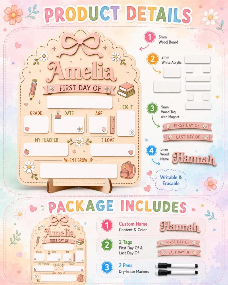 May include: A customizable wooden school milestone board featuring a bow at the top, floral accents, and blank fields for grade, date, age, height, teacher, interests, and future goals. Includes white acrylic inserts, magnetic tags, and dry-erase markers.