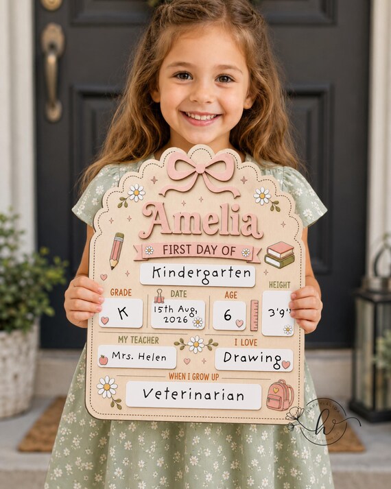 First Day of School Sign, Back to School Board, Custom School Sign, Last Day of School Sign, Pink Bow Wood Name Board