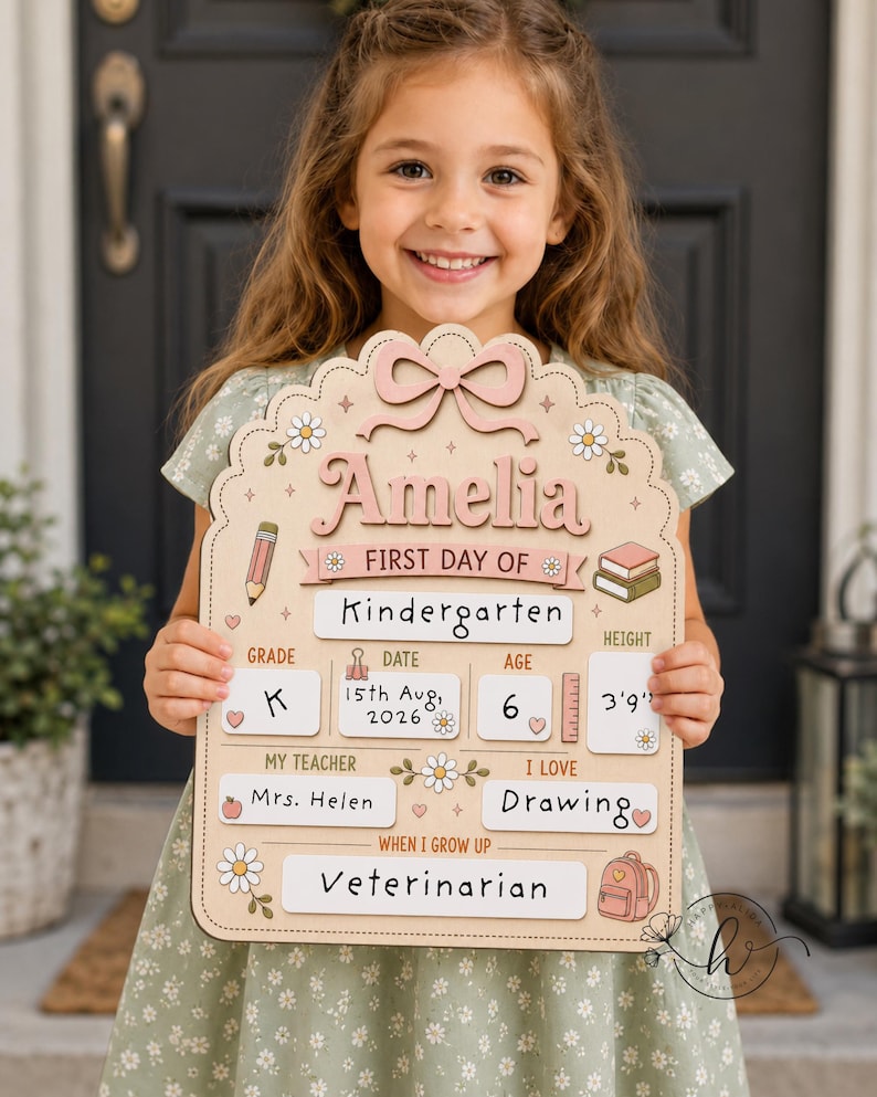 May include: A wooden first day of school sign featuring the name Amelia, with sections for grade, date, age, height, teacher, interests, and future career. The board is decorated with illustrations of a pencil, books, flowers, and a backpack.