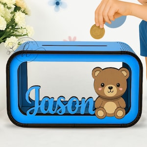 Personalized Bear Piggy Bank, Woodland Animal Money Box for Kids, Custom Engraved Coin Box for Boy, Birthday or Christmas Gift for Children