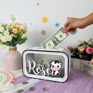 Personalized Cow Piggy Bank, Custom Engraved Coin Box for Kids, Farmhouse Nursery Decor Gift for Boys Girls, Birthday Gift for Kid