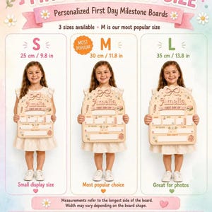 May include: A personalized wooden first day milestone board with a scalloped top and bow detail. The board features fields for grade, date, age, teacher, and interests. Sizes are 9.8 inches, 11.8 inches, and 13.8 inches. Includes a 3 inch by 1 inch name tag.