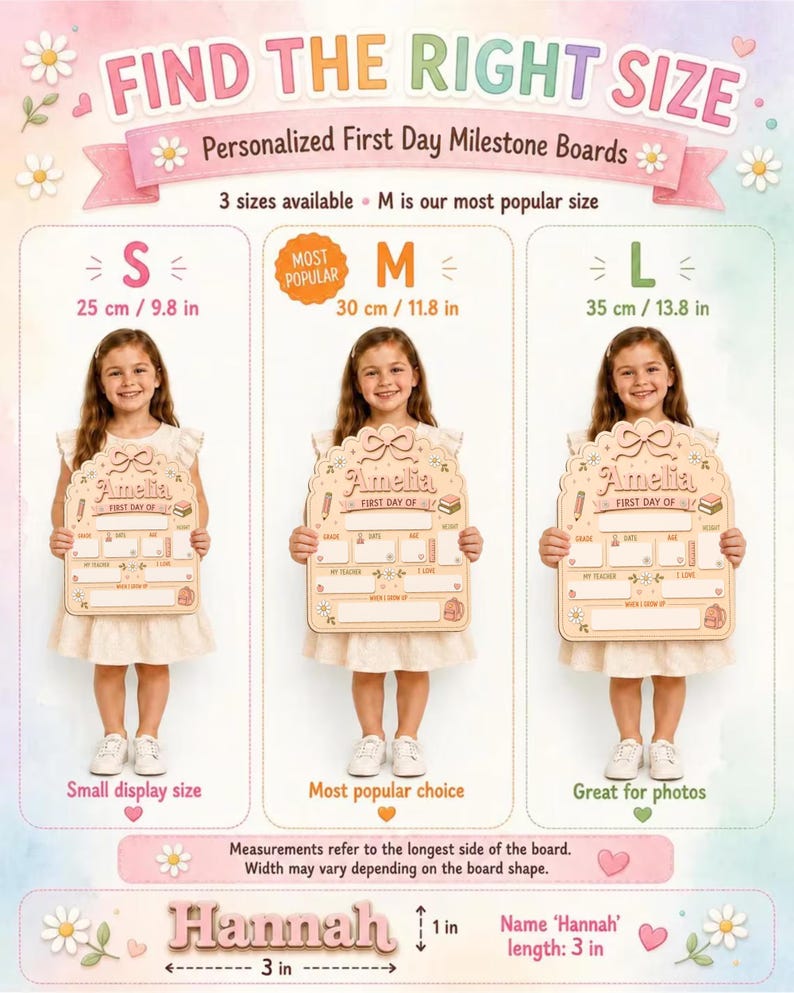 May include: A personalized wooden first day milestone board with a scalloped top and bow detail. The board features fields for grade, date, age, teacher, and interests. Sizes are 9.8 inches, 11.8 inches, and 13.8 inches. Includes a 3 inch by 1 inch name tag.