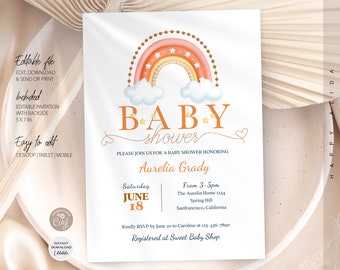 Editable Boho Rainbow Baby Shower Invitation with Cloud and Star Boho Rainbow Baby Shower Invite Printable Template Instant Download, WE12