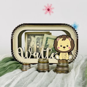 Personalized Lion Piggy Bank, Custom Engraved Coin Box for Boy, Jungle Animal Nursery Decor, Engraved Baby Gift, Handmade Gift for Boys