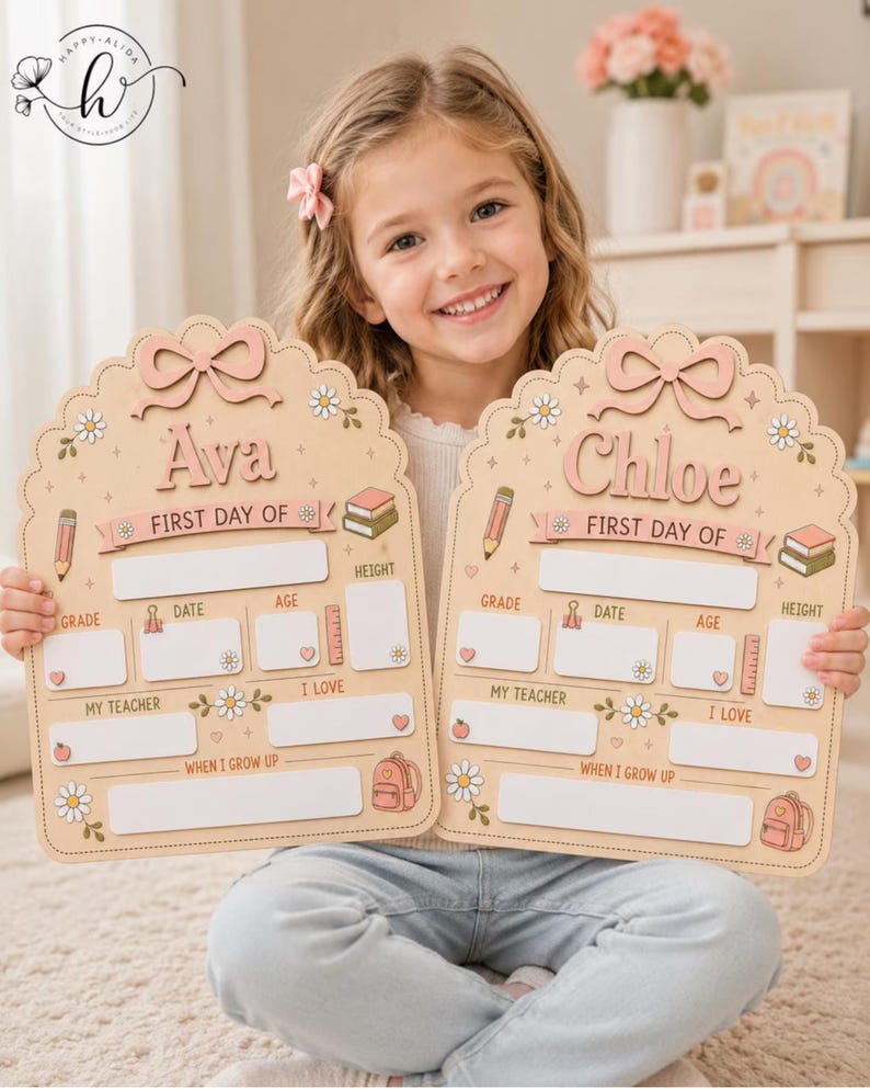 May include: Two arched wooden signs for the first day of school, featuring a light wood finish with pink accents. Each sign displays a name, Ava or Chloe, with sections for grade, date, age, height, teacher, interests, and future career goals.