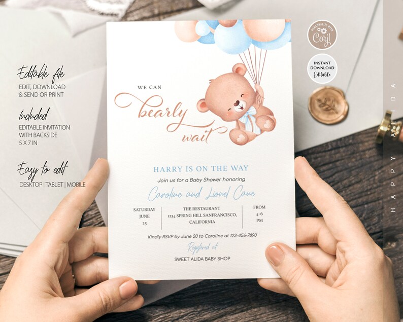 Editable We Can Bearly Wait Baby Shower Invitation Teddy Bear - Etsy