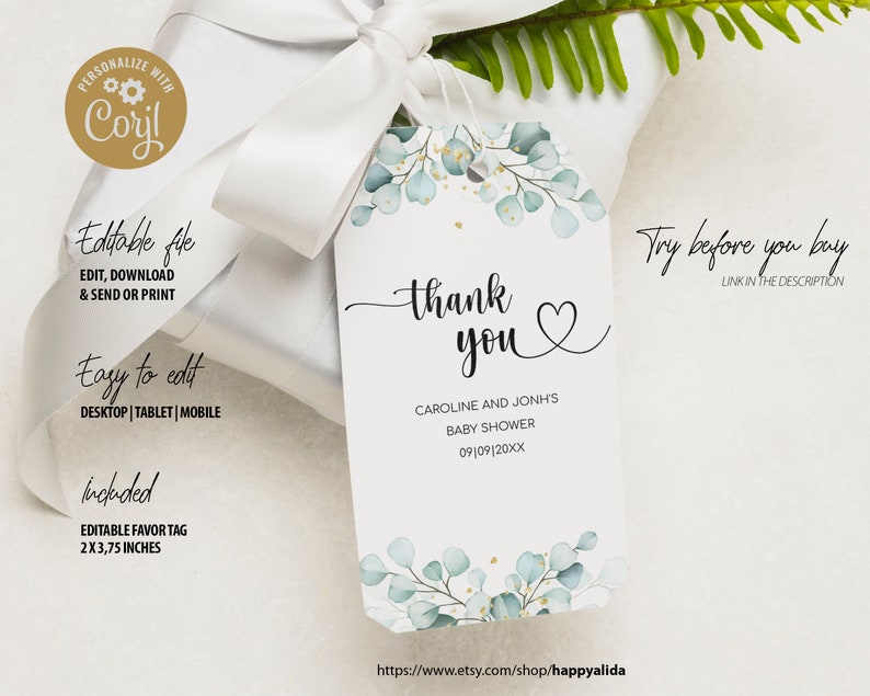 Editable Eucalyptus Greenery Baby Shower Favors Soft Eucalyptus Shower