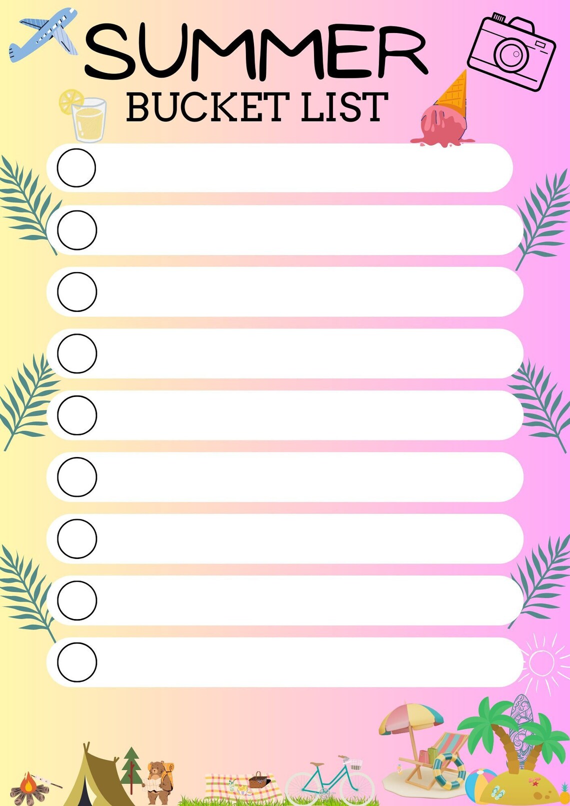 Printable Editable Summer Bucket List Summer Break Bucket Etsy