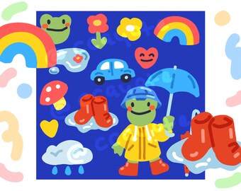 Rainy Day Frog |  Printable Froggy Digital Sticker Pack | Digital Journaling | Clip Art