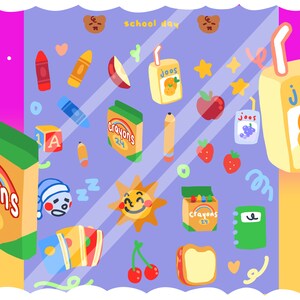 May include: A colorful illustration of school supplies, snacks, and other items on a purple background. The image includes crayons, juice boxes, apples, a sun, a sleeping child, a notebook, and a sandwich. The text "school day" is written at the top of the image.