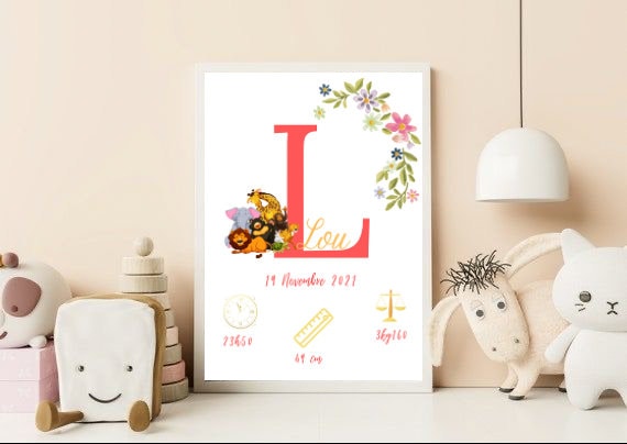Affiche Naissance Personnalisée Fleur/Animaux