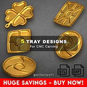 Puede incluir: Cinco diseños de bandejas de madera para tallado CNC, incluyendo formas de trébol, rectangulares, cuadradas y ovaladas. El texto dice "5 TRAY DESIGNS For CNC Carving". La imagen también incluye iconos de archivos STL y DXF.