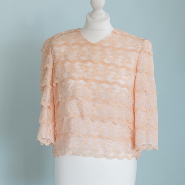 Vintage 1970s handmade lace scalloped pastel peach pink blouse romantic victorian cottagecore shirt top with button detail 60's style
