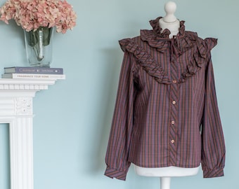 Vintage 1970's ruffled prairie striped blouse by Debenhams. Frilly victorian western style brown maroon shirt cotton
