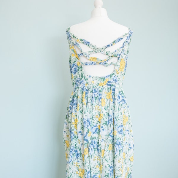 Vintage floral midi summer sundress blue & yellow 1980's button down crossover back detailing, boho hippie pin up 50's 60's elegant