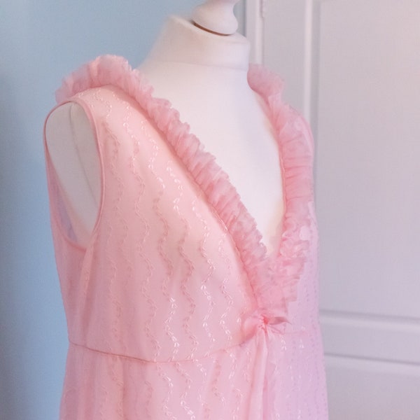 Vintage 1960's baby pink chiffon style floor length babydoll night gown with ruffle detail and bow, empire waist line