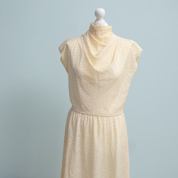 Vintage Pale yellow 50’s style silky dress cowl neck dress with button detail swing jive lindy hop