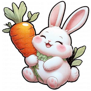 Cute Kawaii Bunny with Carrot PNG | Digital Download Sticker | Rabbit Clipart for Scrapbook, Planner, Crafts I Kawaii Bunny Stickers